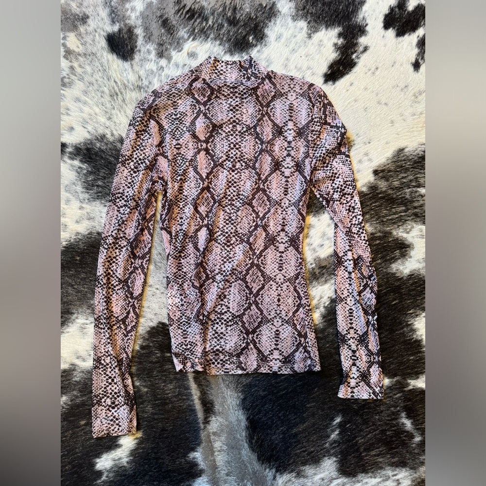 Snake Print Mesh Turtleneck Top